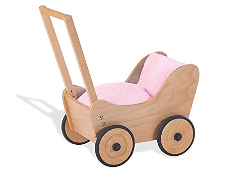 Pinolino Puppenwagen Sarah, aus Holz, mit Bremssystem, Lauflernhilfe mit gummierten Holzrädern, für Kinder von 1 – 6 Jahren, natur