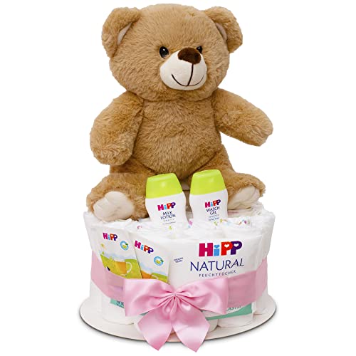 MilaBoo® Rosa Windeltorte Mädchen mit kuscheligen kleinen Teddybär I hochwertiges Neugeborenen Geschenk mit Windeln und Produkten von Hipp I persönliches Babygeschenk zur Geburt