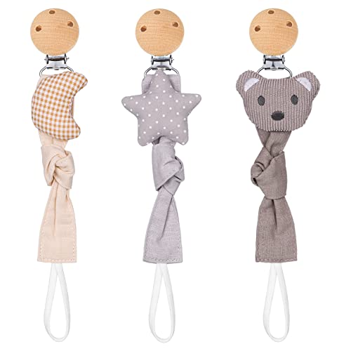 Fanshiontide Holz Schnullerkette, 3 Stck Baby Nuckelkette mit Gestricktes Cartoonbild Riemen für Mädchen, Jungen und Neugeborene(BPA-Frei)