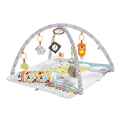 Fisher-Price GKD45 - 5 Sinnes Baby Spieldecke, kuschelig weiche Krabbeldecke mit Sensorik Spielzeug, sechs abnehmbare Beschäftigungsspielzeuge, Babyausstattung ab der Geburt