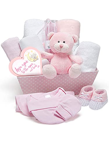 Neuer Babyparty Geschenkkorb in Rosa - mit Fleece, Kapuzenhandtuch, Babykleidung, 2 Mulltüchern und süßem Teddybär - Taufgeschenke für Mädchen oder Junge
