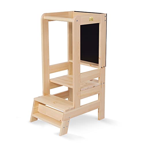 MEOWBABY Lernturm für Kinder - Baby Montessori Verstellbar Learning Tower aus Natur Holz mit Tafel, Kleinkind Stabil Lernstuhl für Küche, Babys Sicher und Praktisch Küchenturm, Natur