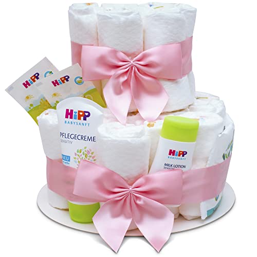 MilaBoo® 2-stöckige Windeltorte Mädchen mit Premiumprodukten von HIPP I Besonderes Geschenk zur Geburt I Persönliches Babygeschenk zur Taufe und Babyparty (rosa)