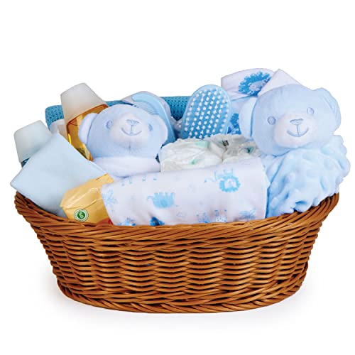 Baby Box Shop Baby Geschenkkorb für Jungen – Dieses handverlesene Babyparty Paket enthält ein Lätzchen, eine Schmusedecke und einen Strampler (Blau) Standard