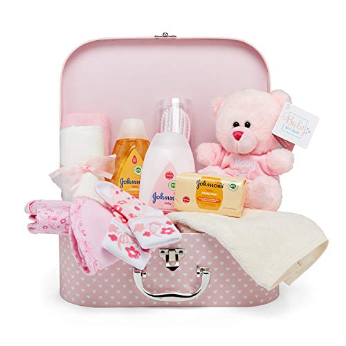 Baby Box Shop Neugeborenes Baby Geschenk Set – handverpackter rosa Geschenkkorb mit Koffer, Aufbewahrungsbox, weichem Plüsch Spielzeug Bären (rosa) Standard