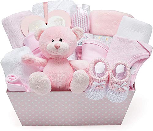 Baby Geschenkset und Erinnerungsbox - Rosa, Handverpacktes Geschenk zur Geburt Mädchen - Geschenkset Baby mit Teddybär, Babyschuhen, Strampler, Lätzchen, Mütze, Decke, Kapuzenhandtuch, Hängeschild