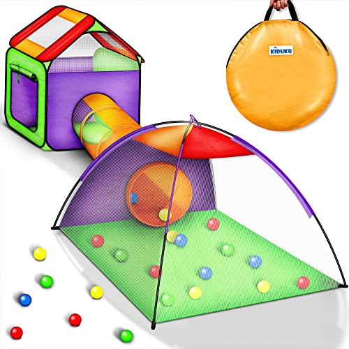KIDUKU Kinderspielzelt Bällebad Pop Up Spielzelt Iglu Spielhaus + Krabbeltunnel + 200 Bälle + Tasche, für drinnen und draußen