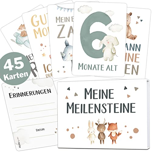 OLGS 45 Baby Meilensteinkarten Lino für Junge und Mädchen Meilenstein Karten Set + Geschenkbox schöne Geschenkidee zur Geburt, Taufe oder Babyparty (Tiere, weiß, Deutsch)