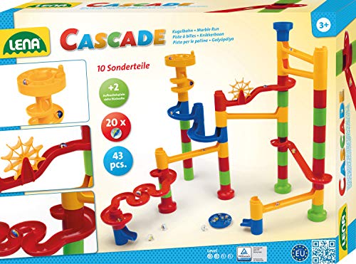 SIMM Spielwaren 65202 Cascade Kugelbahn groß, Murmelbahn zum Zusammenbauen im bunten Design, Baukasten mit 42 Bahnelementen und 20 Glasmurmeln, Motorik und Konstruktionsspielzeug für Kinder ab 3 Jahre