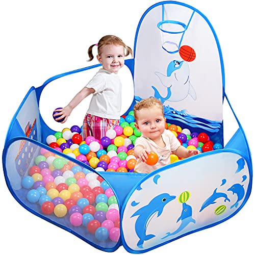 Likorlove Kinder Bällebad, Pop Up Baby Kugelbad Outdoor mit Mini Basketballkorb Bällepool Bällebecken Spielbälle Kugelbad Bällchenbad Spielbecken für drinnen und draußen 47 inch - Blau