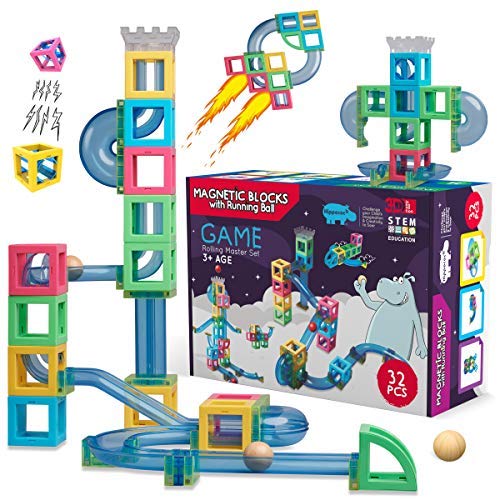 Hippococo magnetische Bausteine für Kinder, 3D Bauklötze mit Rollbahn, Murmelbahn, innovatives Mint Lernspielzeug für Jungen und Mädchen, fördert Kreativität und Fantasie (32 Teile)