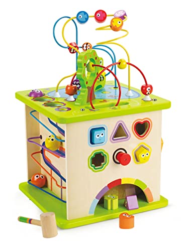 Hape Motorikwürfel „Kleine Tierchen“ aus Holz Multifunktions-Spielwürfel | Lernspielzeug aus Holz für Kleinkinder, fünfseitiger Aktivitätswürfel, Motorikspielzeug ab 1 Jahr