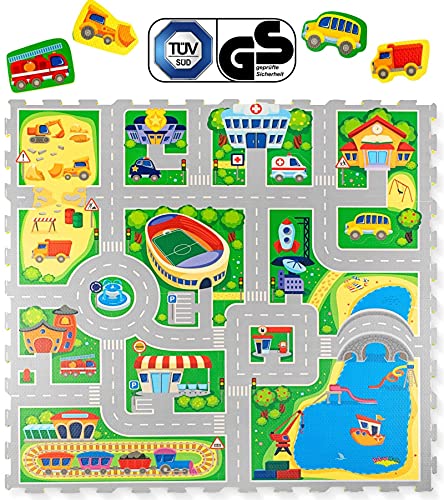 Hakuna Matte Puzzlematte für Babys City 1,2x1,2m – TÜV SÜD GS Zertifizierte Krabbelmatte – 20% dickere Spielmatte in einer umweltfreundlichen Verpackung – 16 Puzzlematten mit Straßen und 11 Fahrzeugen