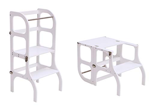 Multifunktionaler Lernturm Step'n sit nach Montessori in Weiß/Tisch und Küchenhelfer in Einem/CE-Zertifiziert/Made in EU (Weiß)