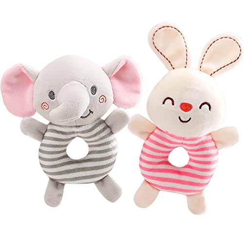 Baby Rassel Spielzeug 2 Stück Greifling zum Rasseln, Cartoon Tier Rassel Kleinkind Spielzeug weiche Flock Stoff mit Klingel Glocke, Babyspielzeug 0-6 Monate (Weiß)