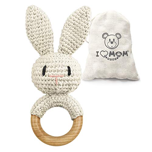 ARTESTAR Greifling Baby Rassel Beißring Holz Babyrassel Greifling Spielzeug Babyrassel Holzspielzeug Baby Geschenk zur Geburt (Beige Hase)